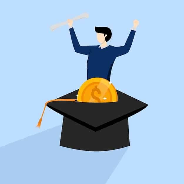A person holding a graduation cap, silhouetted against a backdrop of financial documents, illustrating the fusion of academic aspirations with careful financial planning.