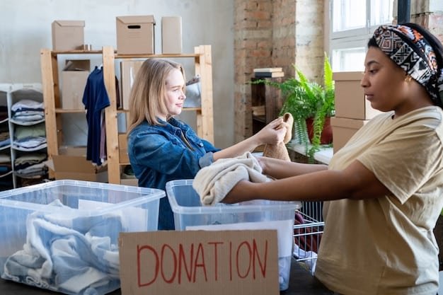 A person sorting through a closet, separating clothes for donation, with a donation box visible and sunlight streaming in.