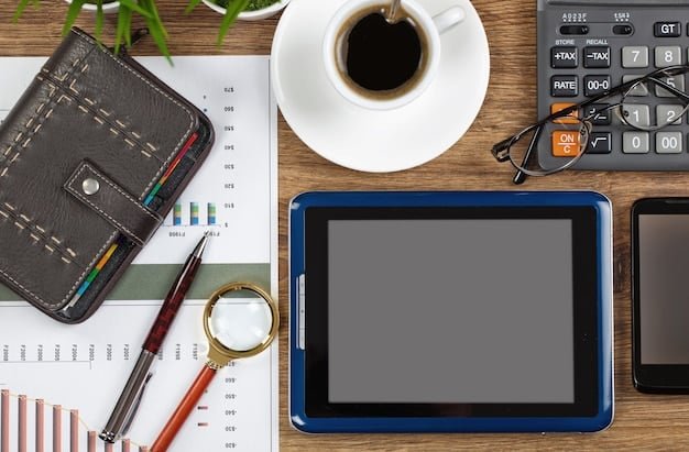 A freelancer using accounting software on a tablet, with a cup of coffee and a notebook nearby, illustrating modern and efficient financial management.